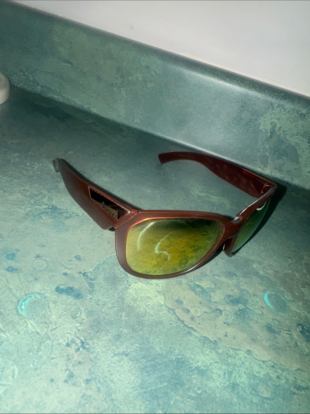 Oakley Women's Wrap Sunglasses — Brown Frame with Green Mirrored Lenses